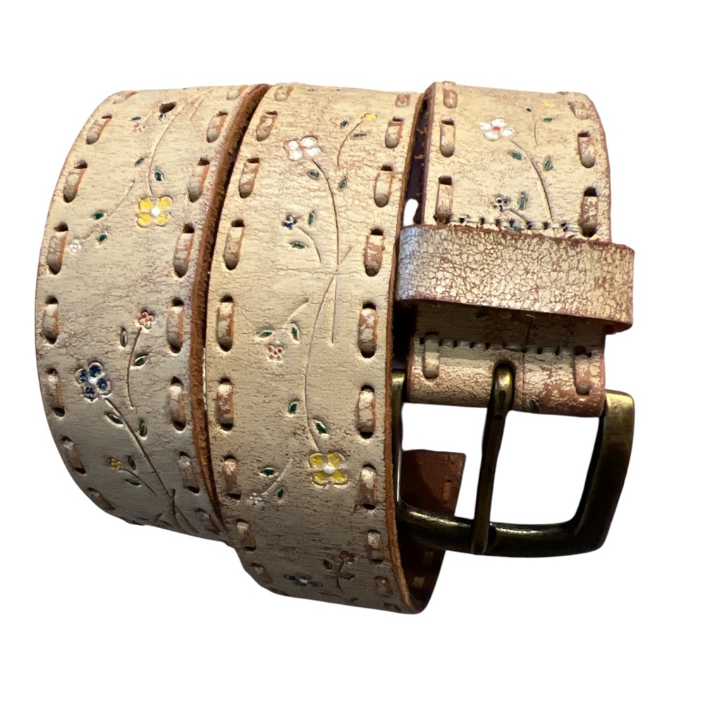 Fossil Tan Genuine Leather Belt with Multicolor Floral Embroidery - Picture 2 of 9